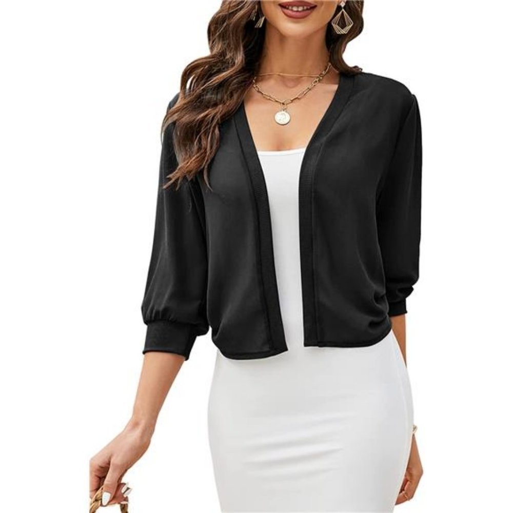 NEW Chiffon Open Front Bolero Cardigan Mesh Sheer Shawl, A2-black